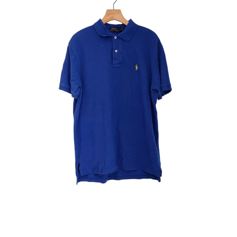 Polo Ralph Lauren Polo Shirt Golf Blue Mens Large 100% Cotton Yellow Logo EUC